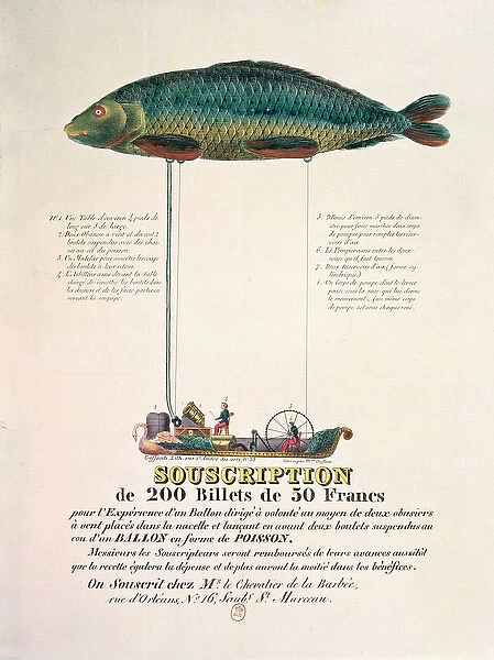 Poster advertising the subscription for a dirigible balloon in the shape of a fish