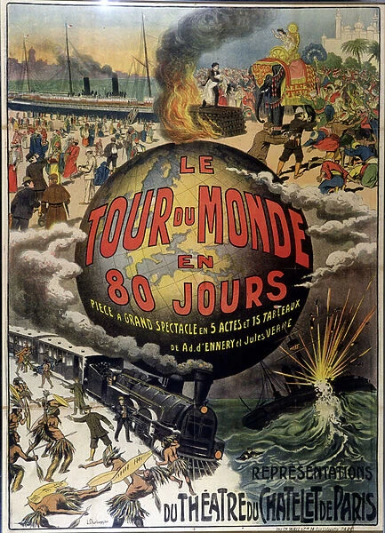 Poster for 'Le Tour du Monde en 80 Jours'by Jules Verne at the theatre du