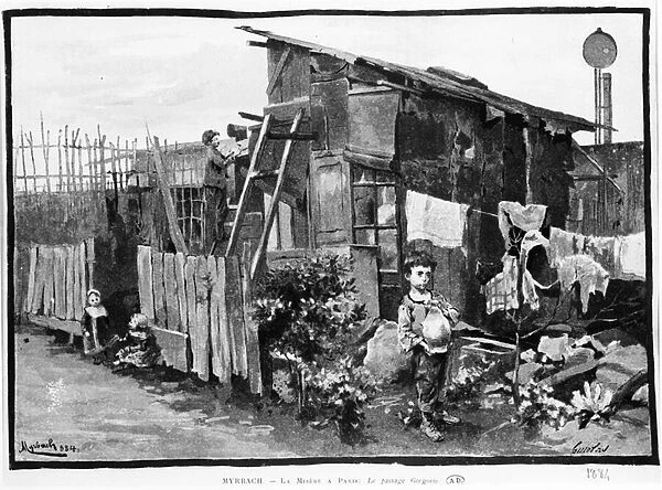 Poverty in Paris: slums, the passage of Gergovie. 1884. Bibl. des Arts decos