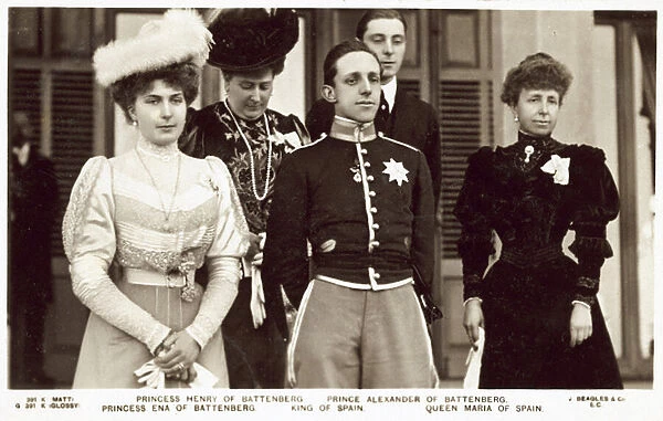 Princess Henry of Battenberg, Prince Alexander of Battenberg, Princess Ena of Battenberg, King of Spain, Queen Maria of Spain (b  /  w photo)