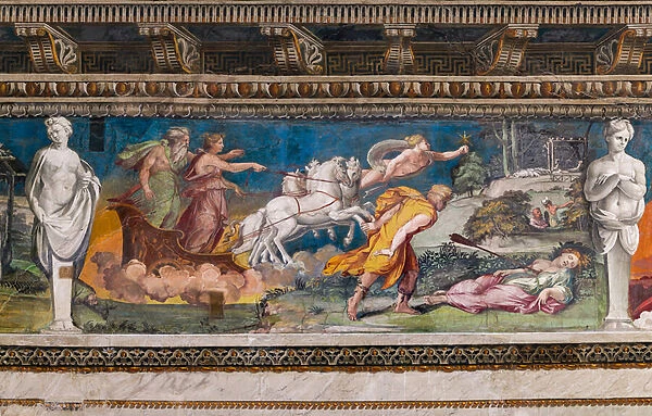 Procris impaled by the never erring javelin, Cephalus running towards her and Aurora and Titone on a chariot pulled by four horses, 1517-18 (fresco)