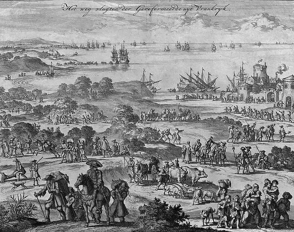 Protestants leaving France (engraving) (b  /  w photo)