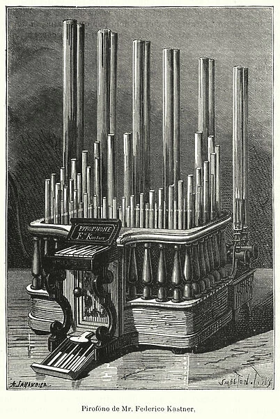 Pyrophone, musical instrument invented by Georges Frederic Eugene Kastner in c1870 (litho)