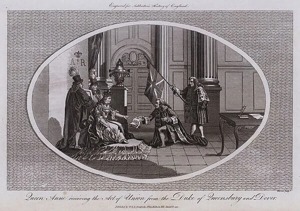 Queen Anne receiving the Act of Union from the Duke of Queensbury and Dover (engraving)