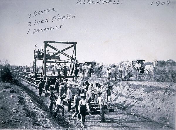 Rail Track laying machine, Blackwell, Oklahoma, 1909 (b  /  w photo)