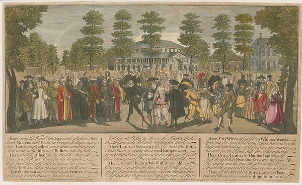 Ranelagh Gardens. Masquerade for the Venetian Ambassador, 1749 (coloured engraving)
