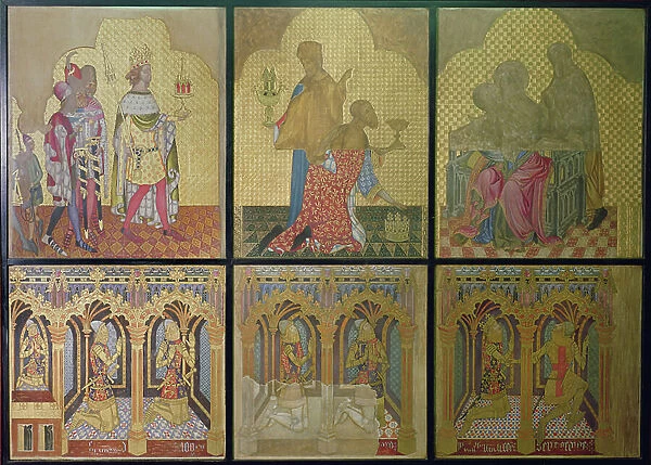 Reconstruction of a wall painting originally in St. Stephen's Chapel depicting on bottom row L-R: Thomas Woodstock (1355-97), Edmund Langley, John of Gaunt (1340-99), Lionel (1338-68), Edward, The Black Prince (1330-76) and St. George