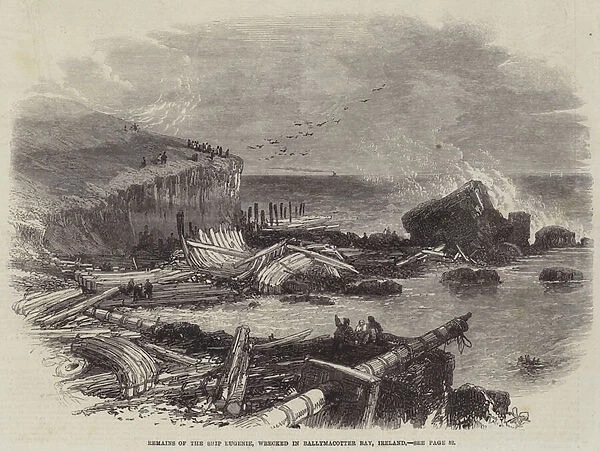 Remains of the Ship Eugenie, wrecked in Ballymacotter Bay, Ireland (engraving)