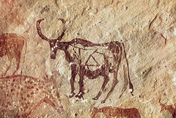 Rock painting: representation of a cervid. Cave of Tadrart Acacus Libya