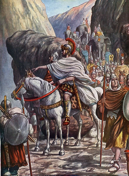 Roman antiquite: Second Punic War (218-202 BC), the passage of the Alps, 218 BC, by Carthaginian General Hannibal Barca (247-183 BC) (Second Punic War: Hannibal crossing the Alps) Illustration by Tancredi Scarpelli (1866-1937) taken from '