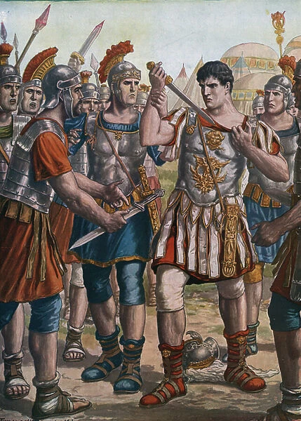 Roman antiquite: 'The Roman general Germanicus swearing fidelite at the time of the death of his adoptive father the Emperor Augustus against the legions in the midst of mutiny in Germania, 14 AD'(Roman soldier Germanicus)