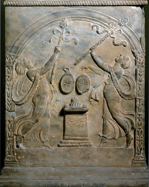 Roman art: funerary altar representing two dancing menades. Low relief
