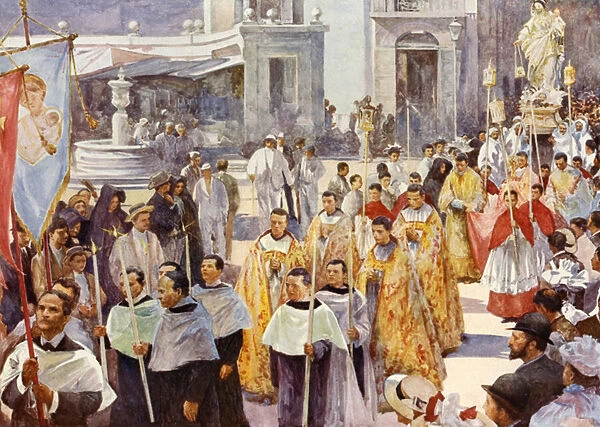 A Roman Catholic procession (colour litho)