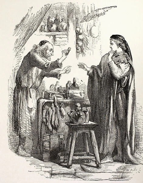Romeo buys poison from the apothecary, illustration from Romeo and Juliet, from The