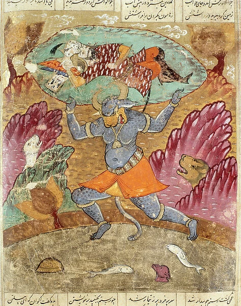 Rostam carried by Akwan-Diwa, illustration from the Shahnama (Book of Kings)