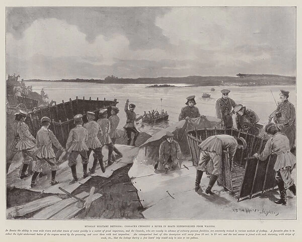 Russian Military Methods, Cossacks crossing a River in Boats extemporised from Wagons (litho)