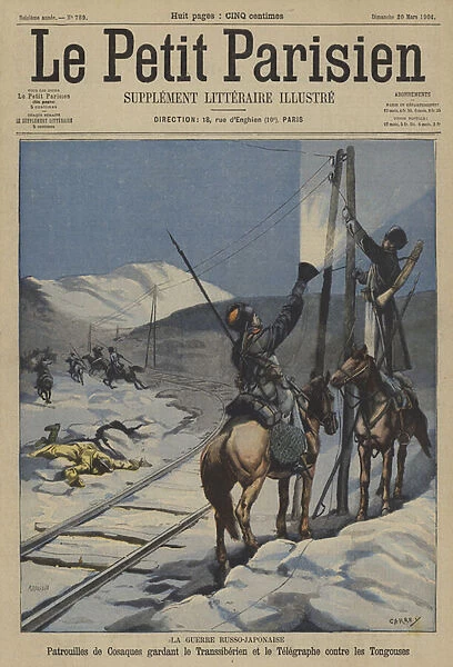 The Russo-Japanese War: Cossack patrols guarding the Trans-Siberian Railway and telegraph lines against attack by Manchurians (colour litho)