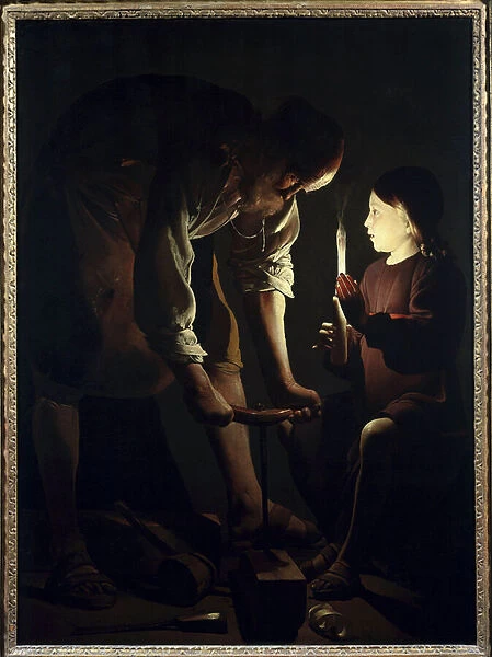 Saint Joseph carpenter Jesus child holds a candle to light his father Joseph at work
