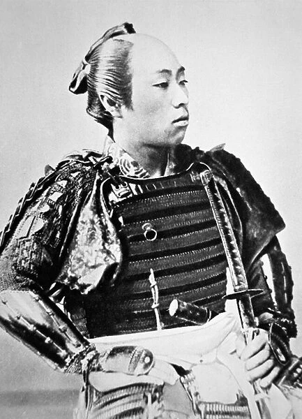 Samurai of Old Japan with traditional hairstyle (b  /  w photo)