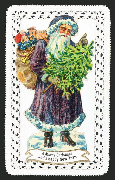 Santa Claus with Toy Sack and Tree, Christmas Card (chromolitho)