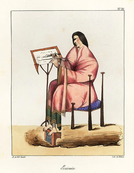 Scribe at work with quill and knife at a writing desk, seated on a chair with footrest, 9th century