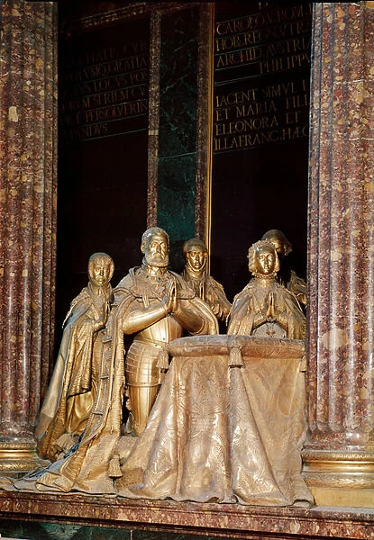 Sculpted group representing Emperor Charles V (Charles V) (1500-1558) and his family. Dore bronze sculpture by Pompeo Leoni (1533-1608) Palace of the Escorial, Madrid