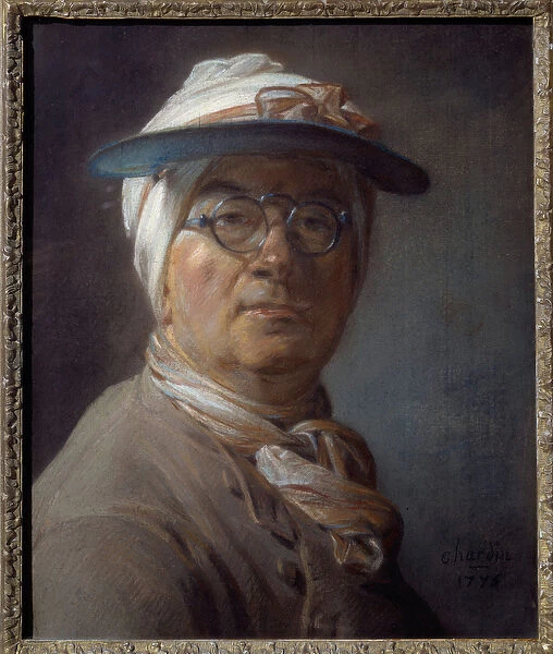 Self-portrait called portrait a green lampshade Pastel painting by Jean Baptiste Simeon