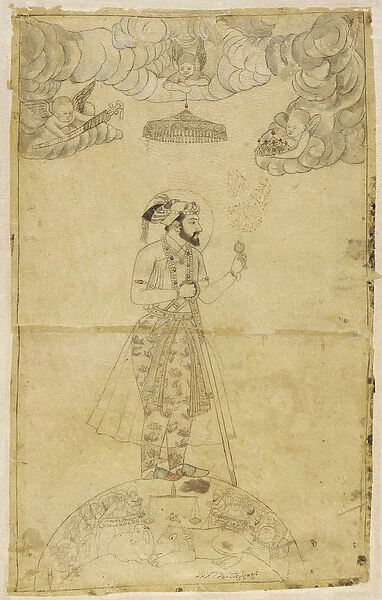 Shah Jahan standing on a globe (gold & colour on paper)