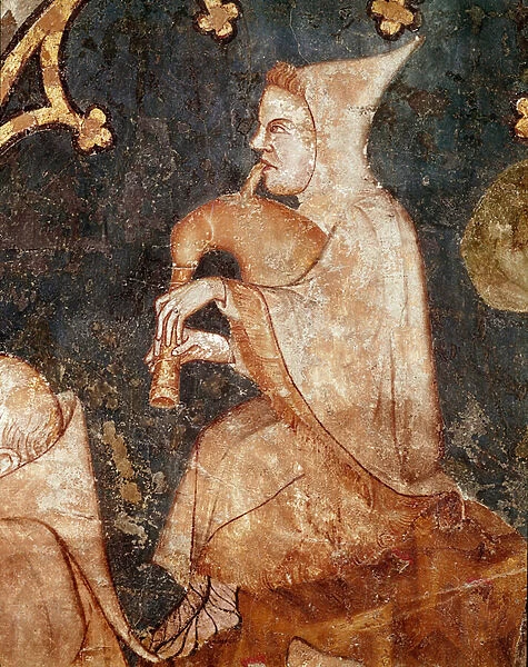 Shepherd blowing in a bagpipe Detail. 14th century fresco