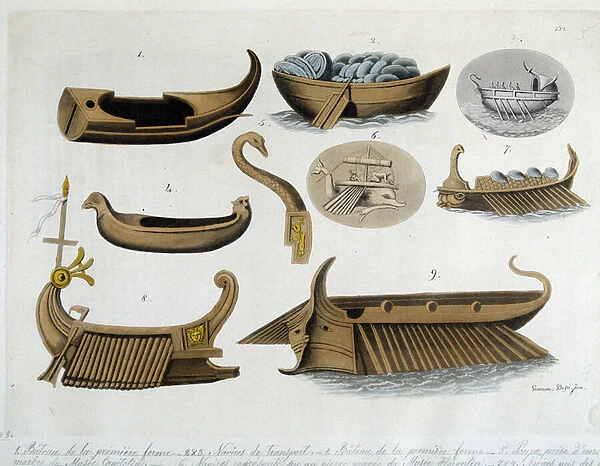 Ships of Ancient Greece in 'The Old and Modern Costume'by Jules Ferrario, 1819-1820