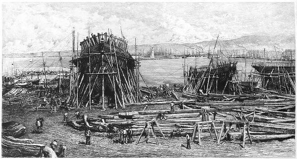 Shipyards of the Pharo at Marseilles, 1834 (engraving) (b  /  w photo)