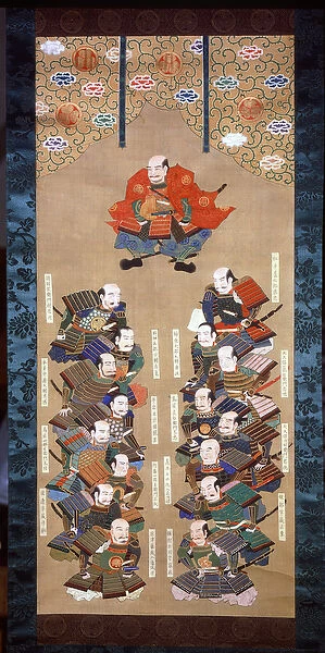 Shogun of the Tokugawa family with the 16 noble Samurai, 17th century (silk painting)