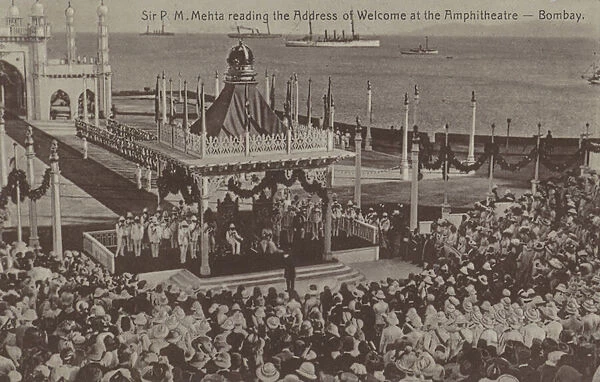 Sir Pherozeshah Mehta, President of the Bombay Municipality, reading the address of welcome to King George V and Queen Mary on their visit to India to attend the Delhi Durbar, 1911 (b  /  w photo)