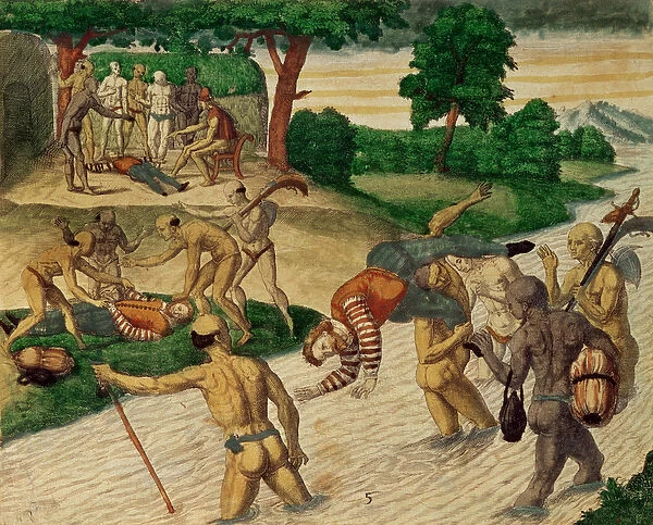 South American Indians drowning Spaniards to see if they are immortal (engraving)