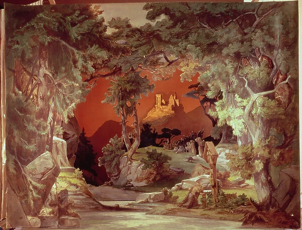 Stage model for the opera Tannhauser by Richard Wagner (1813-83) (painted card)