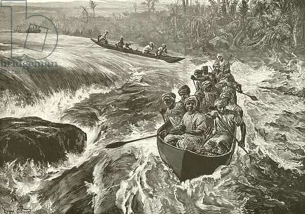 Stanley shooting the rapids of the Congo (engraving)