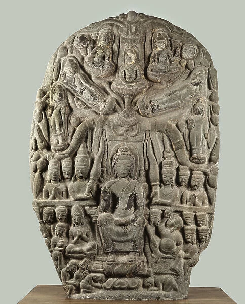 Stelae with Buddha and adoring deities, Davaravati Period (stone)