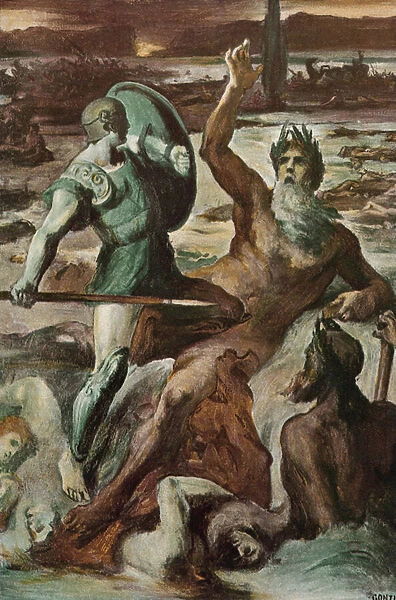 The struggle of Achilles and the Scamander River. Illustration by Clement Gontier (1876-1918) for Homeres 'The Iliad'(Omero). Paris, Henri Laurens, 1930