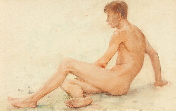 Study of a male nude, seated, turning away to the right (w  /  c on paper)