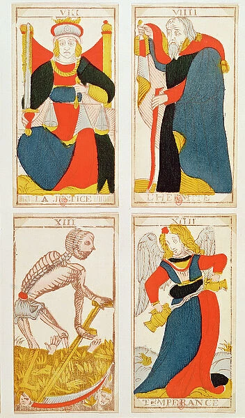 Four tarot cards depicting Justice, Temperance, Death and The Hermit