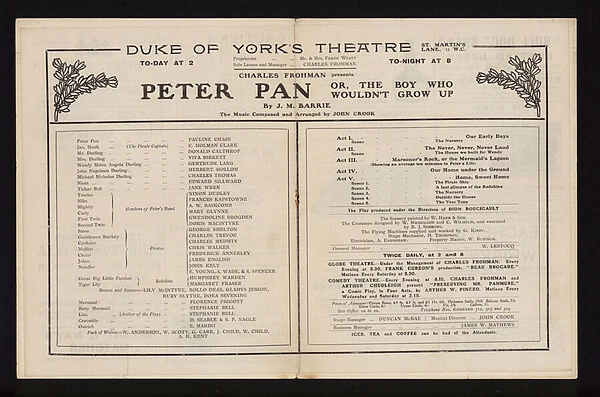 Theatre programme for a performance of Peter Pan, by J M Barrie, at the Duke of Yorks Theatre, London, 1904 (litho)