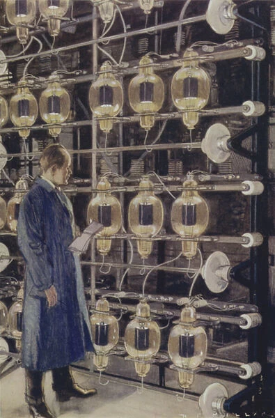 Thermionic valves in the Marconi wireless telegraphy station at Cefn Du, near Caernarfon, Wales (colour litho)