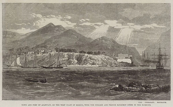 Town and Fort of Acapulco, on the West Coast of Mexico, with the English and French Squadron lying in the Harbour (engraving)