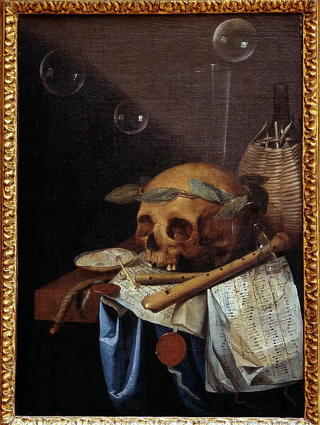 Vanite still life of skull crown of laurels, flutes, score and wine jug