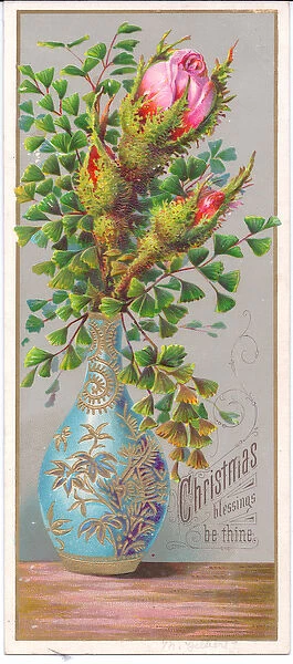 A Victorian Christmas card with roses in a blue vase, c. 1880 (colour litho)