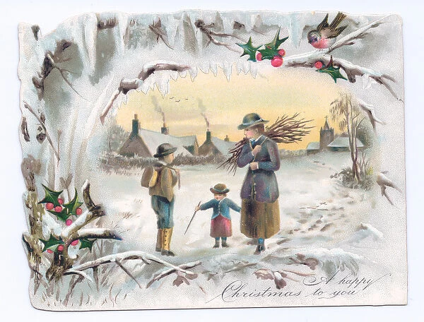 Victorian Christmas card of a woman carrying twigs with two children in a winter scene, c