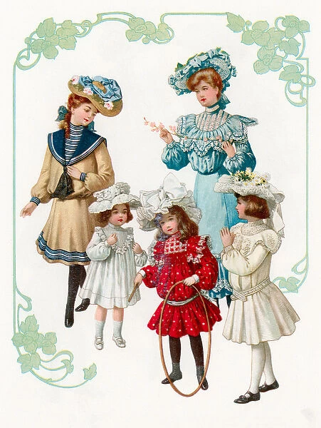 Victorian Fashion Plate of Girls in Fine Dresses and Hats Playing Hoops