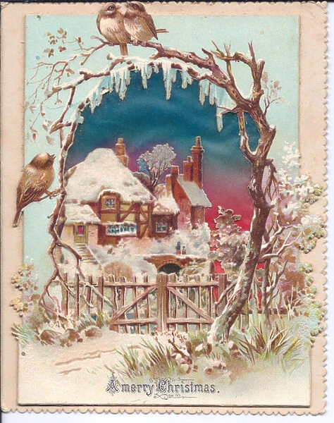 A Victorian hold-to-light Christmas Card of a cottage and winter scene