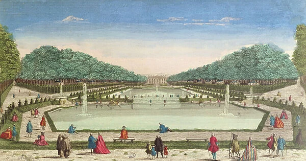 View of the Gardens and the Chateau of Marly (colour engraving)