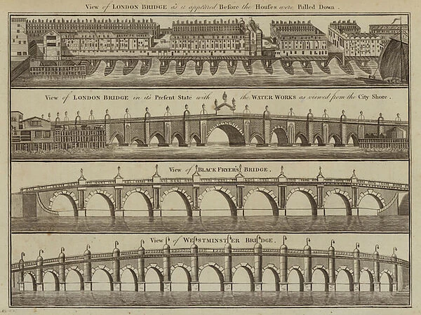 View of London Bridge as it appeared before the Houses were pulled down (engraving)